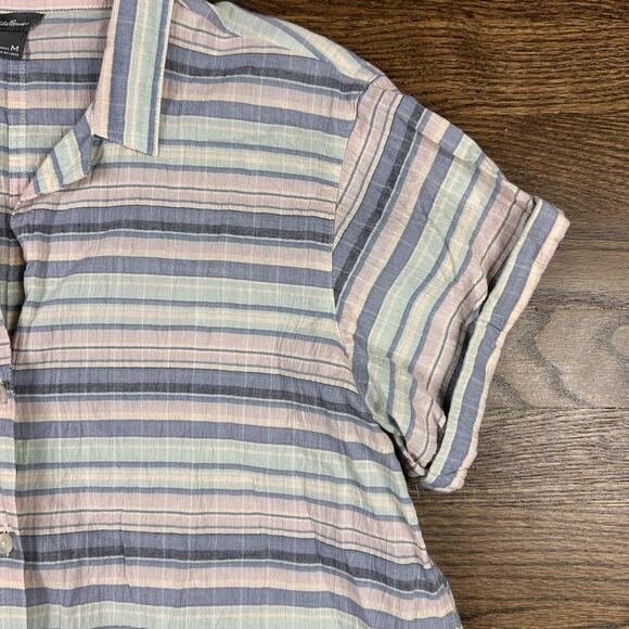 Eddie Bauer Shirt Womens Medium Blue Pink Striped Button Up Short Sleeve Blouse - Picture 3 of 8